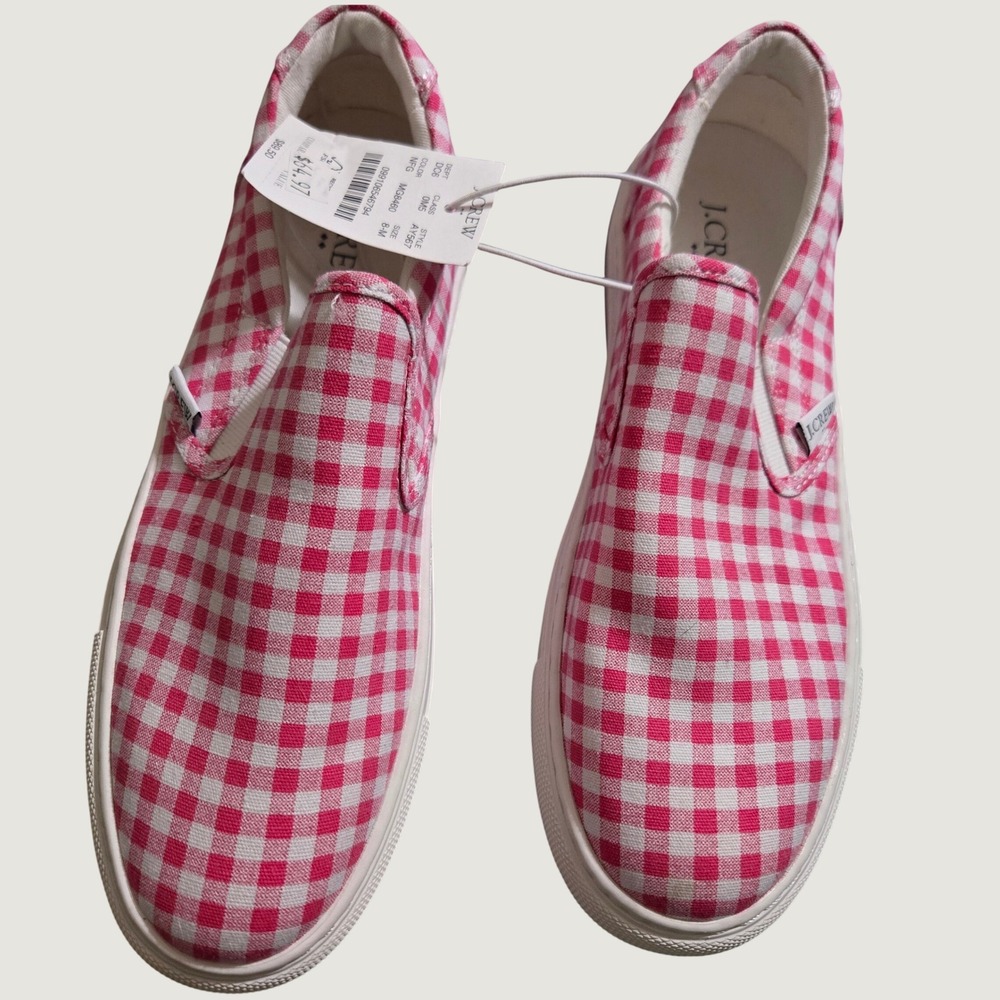 J.Crew Shoes Gingham Slip On Sneakers Pink White Check AY567‎ Size 8 NEW